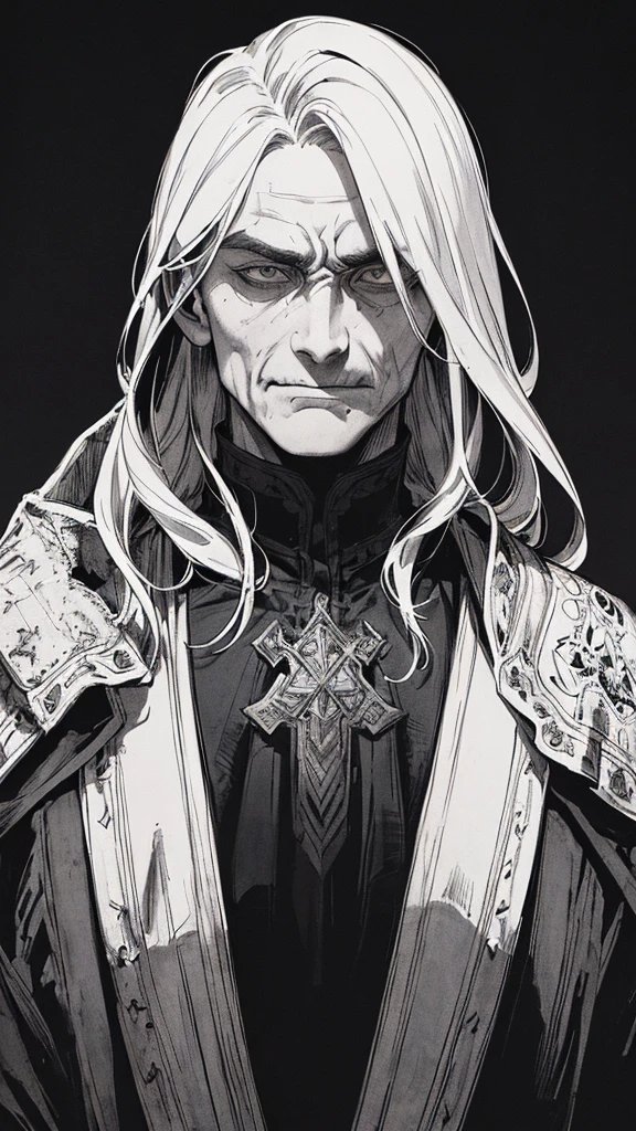 Best quality, (background_detail), high_contrast, detail_original_illustration, warrior, muscular, villain's face, armored, full_body, medieval, deep_wrinkle_brows, young_man, dark_stitch_landscape, (dramatic_lighting:1. 25), (shaded_background:1.2), (short_black_hair:1. ), Large figure, Delicate face, Evil smile, Sharp eyes, Black background, (Black background:1.5), Beautiful line drawing, Black and white