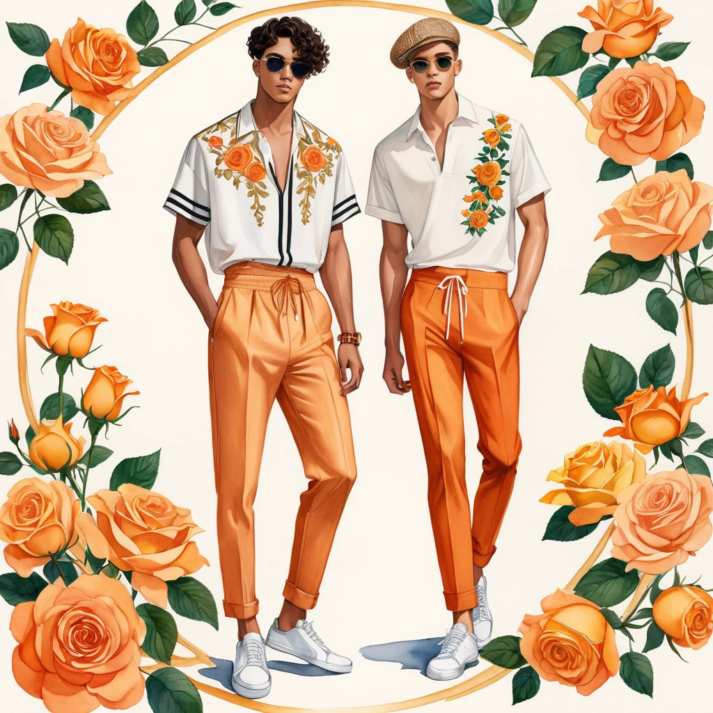 candid fashion illustration of young Mixed race 2man, both aged 18-23 year old, short curly hair, ((showcase fashion look book in linen outfits)), the design inspired of The Lady of Shalott rose by David Austin, in elegant chic style. The man wears an oversized short-sleeved shirt with a minimal rose embroidery details, paired with relaxed-fit white Short with Drawstring, He completes his look with white sneakers and round sunglasses. The boyfriend complements him in a  skinny fitted speedo in a stripe pattern, semi bulge, He resemble includes an accessorizes with a brimmed sneakers, Captured in a low angle, ((full-body image)), ((roses motifs background)), fashion sketching, realistic drawing, ((imperfect water color drawing background)), fashion look book, fashion illustrator, fashion sketch design, gay, gay couple,  Lady of Shalott rose , warm orange color. The blooms have a rich apricot-orange hue with golden-yellow undersides, creating a beautiful contrast, The flowers are medium to large, cup-shaped, 