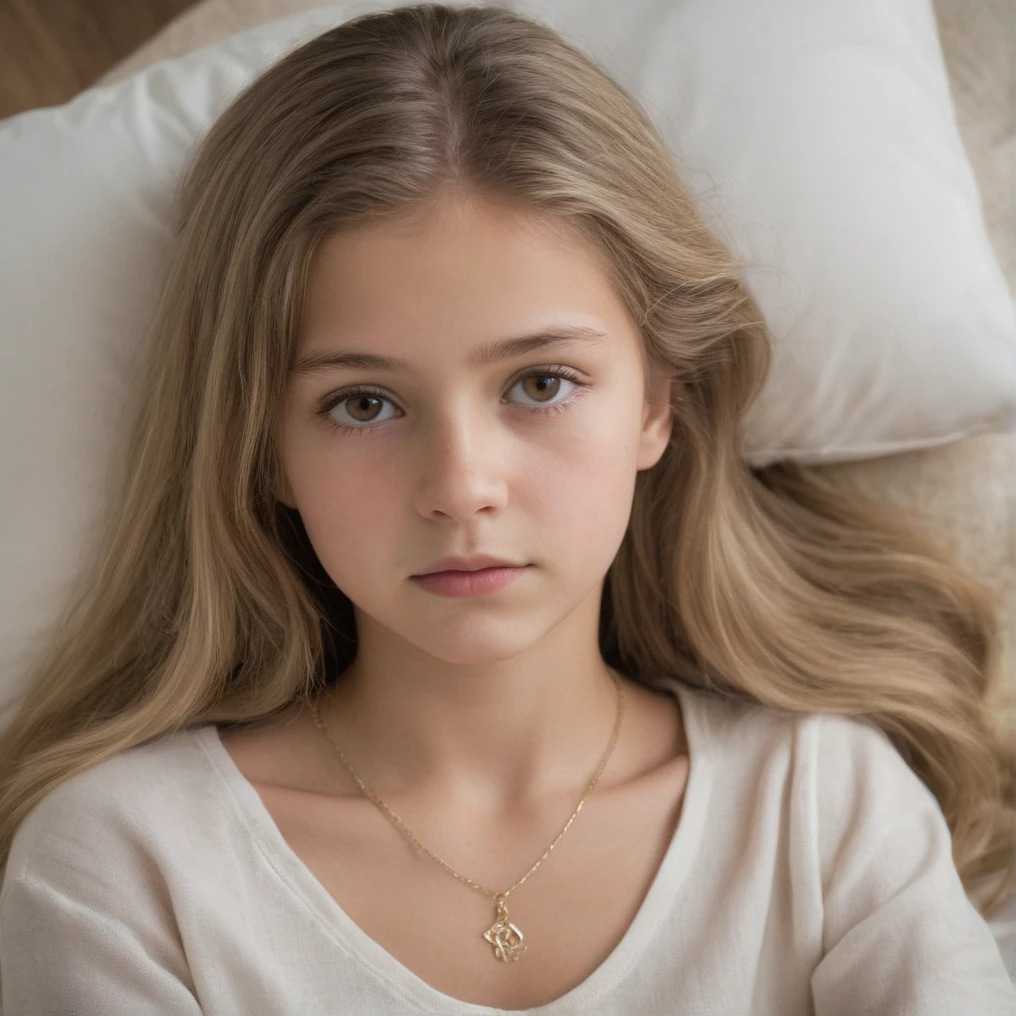 a 12 year old American girl ,It is captured in a moment of tranquility. Your head is gently cradled by a gentle, White pillow, suggesting a comfortable and calm environment. Your brown eyes express your illness. ,Her hair is blonde and long , ,captivating pelodun and coffee shade, They are looking directly at the camera, adding a sense of connection with the viewer. Her skin is adorned with a delicate necklace that adds a touch of elegance to her appearance.... The room&#39;s soft lighting casts a soft glow on your face.., highlighting your features and adding a dreamlike quality to the scene.  cinematographic, Parts, smile cute,  Legs, stroking, happy, cute, thin, slim, small, , opened Legs, bathing, showing thighs, desire, Camel toes, hugging her from behind, lying on the bed
. 