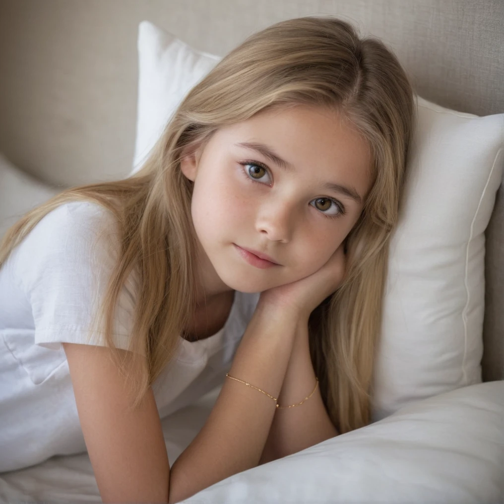 a 12 year old American girl ,It is captured in a moment of tranquility. Your head is gently cradled by a gentle, White pillow, suggesting a comfortable and calm environment. Your brown eyes express your illness. ,Her hair is blonde and long , ,captivating pelodun and coffee shade, They are looking directly at the camera, adding a sense of connection with the viewer. Her skin is adorned with a delicate necklace that adds a touch of elegance to her appearance.... The room&#39;s soft lighting casts a soft glow on your face.., highlighting your features and adding a dreamlike quality to the scene.  cinematographic, Parts, smile cute,  Legs, stroking, happy, cute, thin, slim, small, , opened Legs, bathing, showing thighs, desire, Camel toes, hugging her from behind, lying on the bed
. 