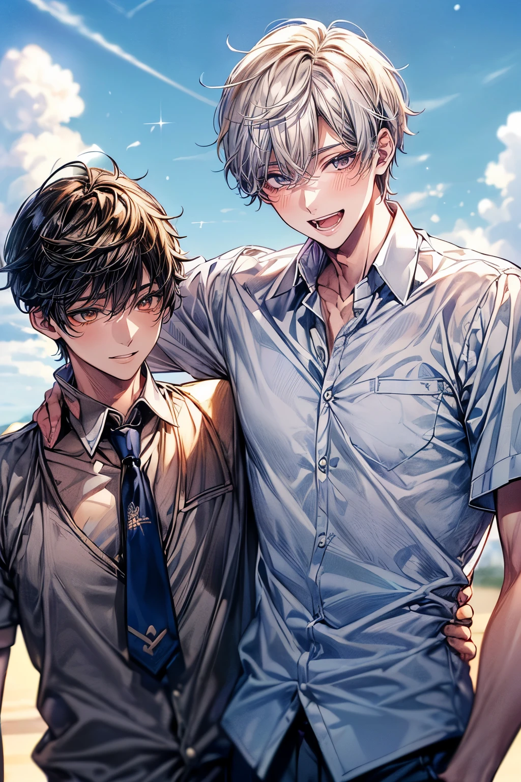 (Mastepiece), (Best Quality), Very detailed, (Two friendly boys:1.5),High school boys、Shooting from below、Solo Shooting,Perfect Face, Beautiful Face, Very detailed顔,(黒髪のHigh school boys1人:1.3),(白髪のHigh school boys1人:1.3)、(short hair:1.3)、(Happy Face:1.4),(Laughing with your mouth open:1.3),(Short-sleeved white shirt:1.4)、(Windになびく髪:1.4),(youth:1.3)、The atmosphere that seems to disappear,(blue sky_cumulonimbus)、summer、ephemeral、Sweat、Wind、sunlight