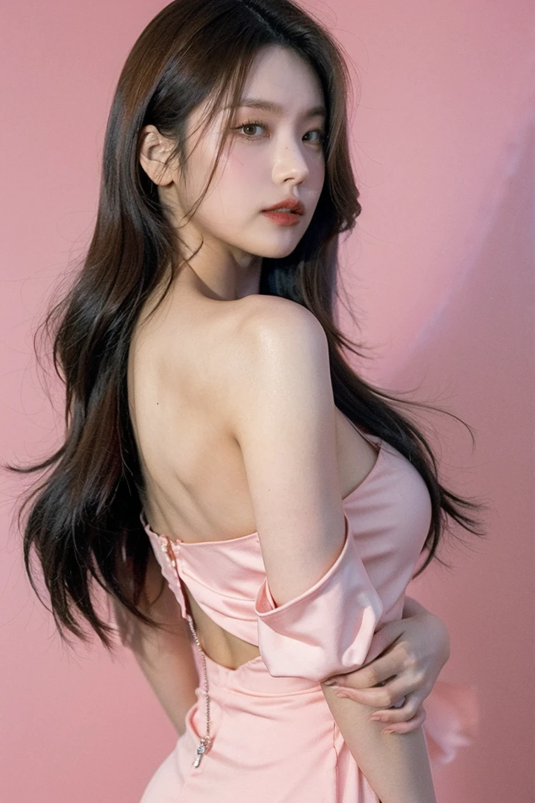 21yo girl, pink background, beautiful dress