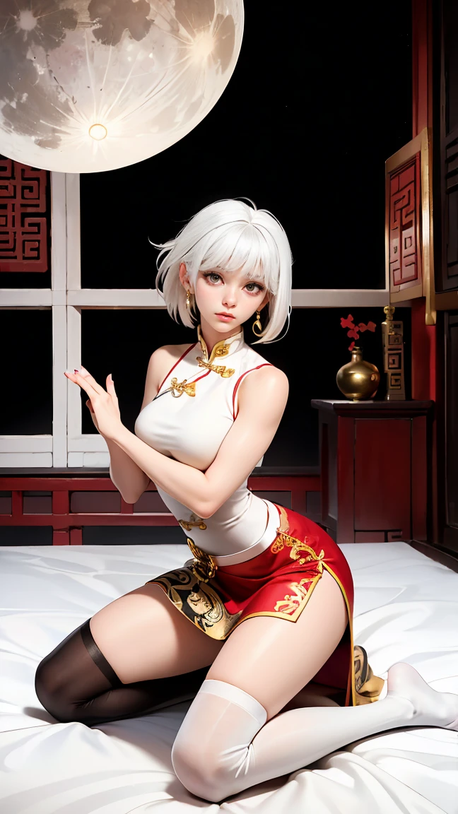 1girll,tmasterpiece,Half realistic,4K,RTX,Shaders,brilliant texture work,whaite hair,long white hair,red color eyes,Silver bracelet,There is a black mole in the left eye,middle score,on cheongsam,open waist,show legs,The right thigh has a leg ring,The expression is contemptuous,Be red in the face,squinty eyes,full bodyesbian,Telescopic shot,Beast pupils,ssmile,Gentle face,Pale pink lips,Look at the audience tenderly