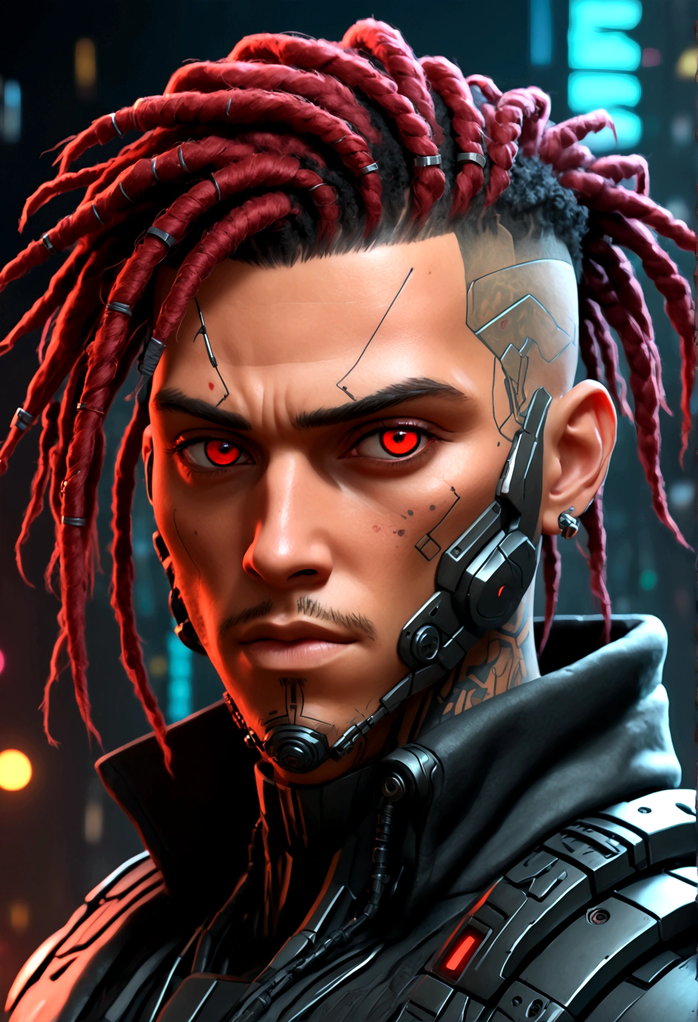 (Best Quality, Masterpiece, animated style, full of details), Juan, Official anime art illustration, a cartoon of a man with a mask on his face, ((red)) baggy eyes, black and red dreadlocks, semi-realistic cyberpunk style, portrait of a cyberpunk man, Ultra-realistic 8K cyberpunk art, cyberpunk style , Hyper realistic, Cyberpunk character, trend on Artstation, complete cinematic character, trend on Artstation 4k, portrait of a cyberpunk cyborg, realistic cinematic portrait, perfectly photorealistic cyberpunk hero, incredibly detailed, 8k, UHD, Masterpiece, Best Quality, ultra detailed, intricate,