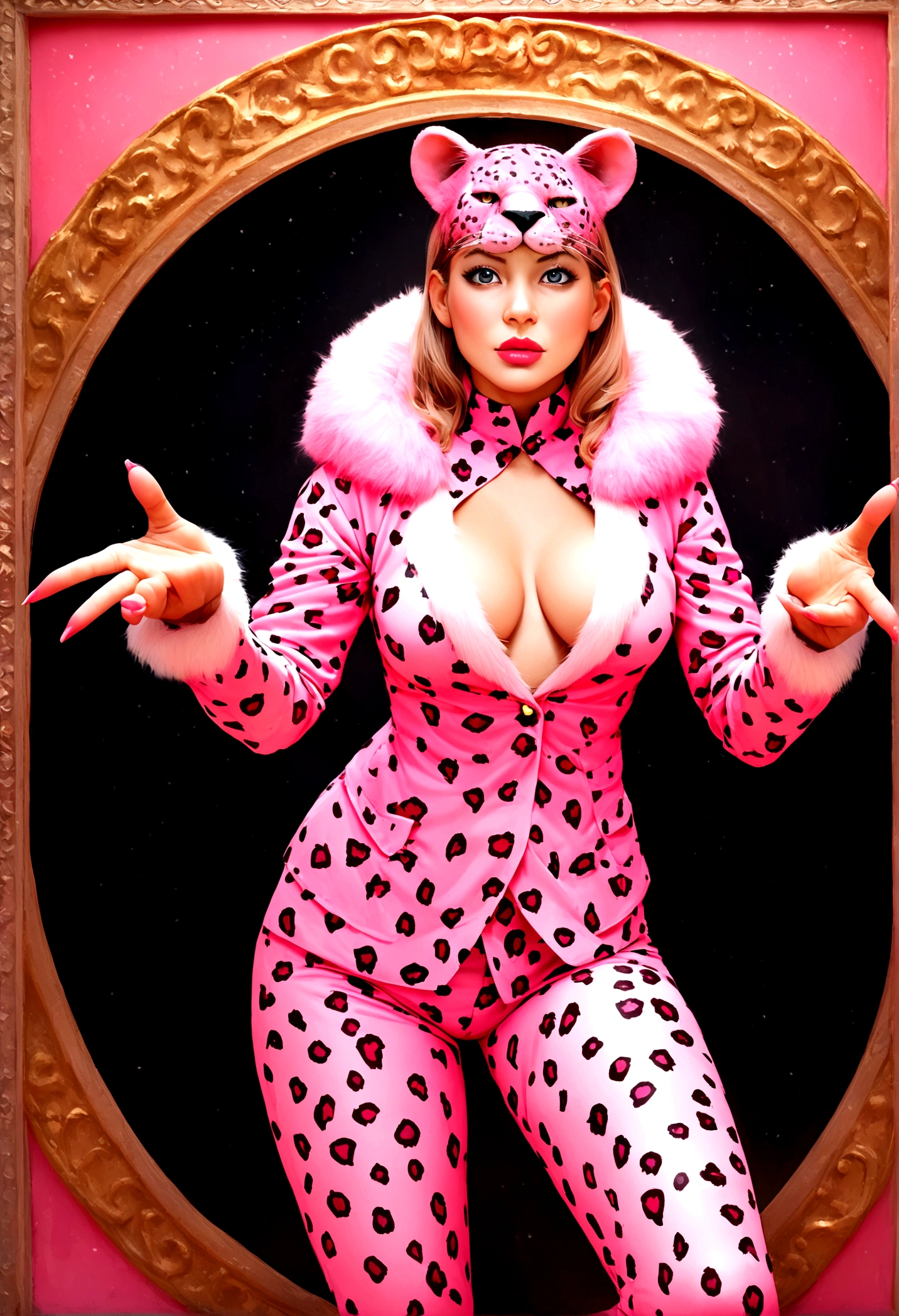 cartoon pink panther adult, with very thin, realistic and beautiful fur, with unusual, fun poses, 8k, detailed neon