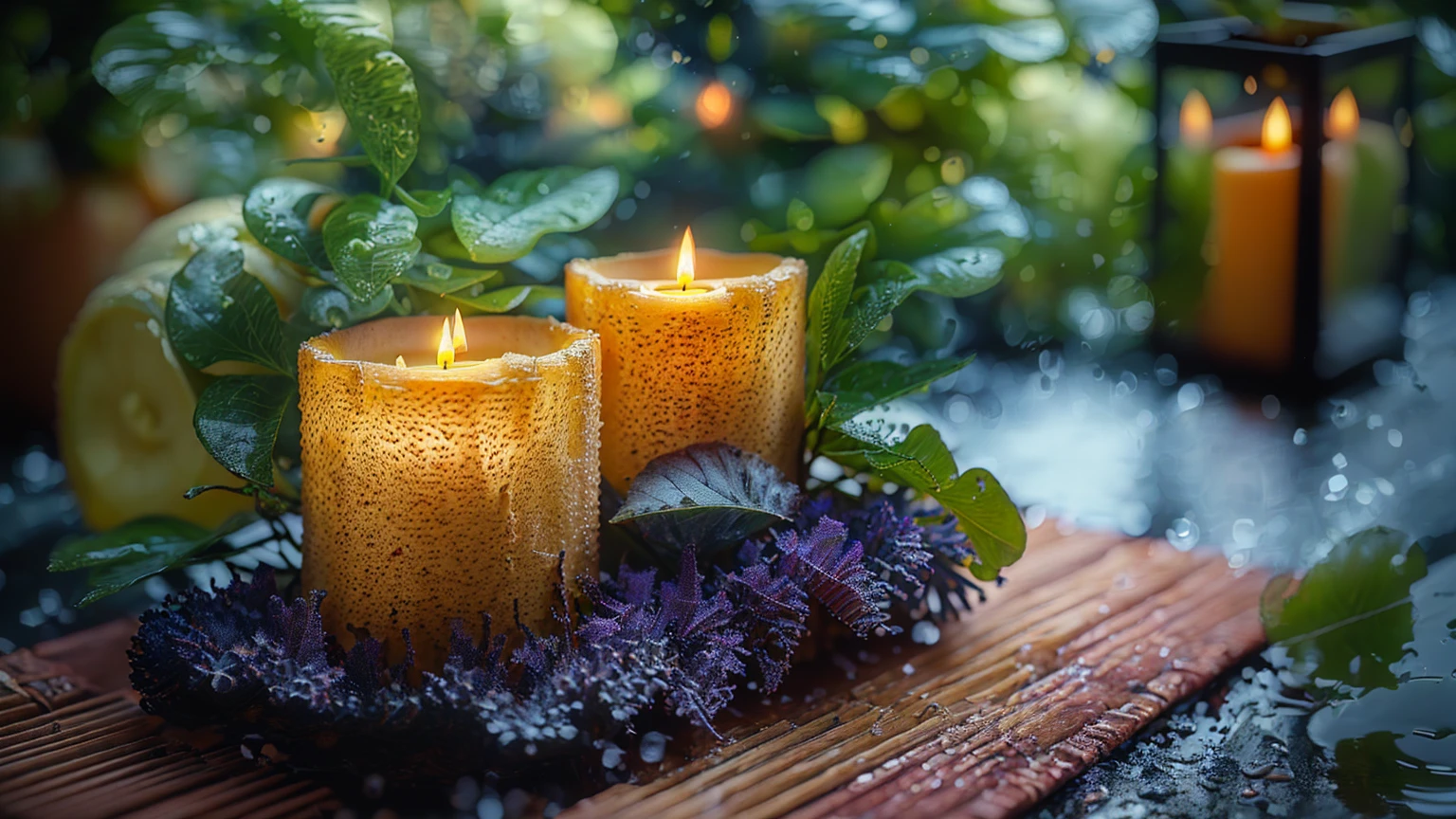 Candles are lit on a bamboo mat with a towel and a fern, Peaceful atmosphere, relax atmosphere, lit Candles, relax environment, glowing Candles, 自然なCandles照明, Candles, Candles in foreground, relax mood, Warm and calm, Night atmosphere, Soft glow, relax, 心地よいCandlesライト, lit with Candles, The candles are on a wooden table, 穏やかなNight atmosphere