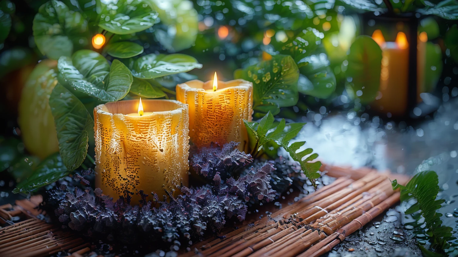 Candles are lit on a bamboo mat with a towel and a fern, Peaceful atmosphere, relax atmosphere, lit Candles, relax environment, glowing Candles, 自然なCandles照明, Candles, Candles in foreground, relax mood, Warm and calm, Night atmosphere, Soft glow, relax, 心地よいCandlesライト, lit with Candles, The candles are on a wooden table, 穏やかなNight atmosphere