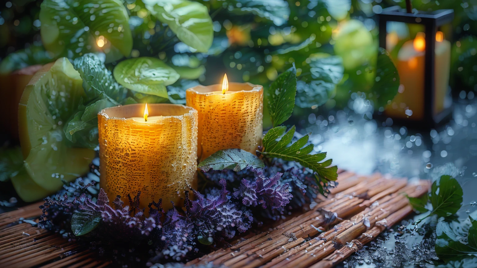 Candles are lit on a bamboo mat with a towel and a fern, Peaceful atmosphere, relax atmosphere, lit Candles, relax environment, glowing Candles, 自然なCandles照明, Candles, Candles in foreground, relax mood, Warm and calm, Night atmosphere, Soft glow, relax, 心地よいCandlesライト, lit with Candles, The candles are on a wooden table, 穏やかなNight atmosphere