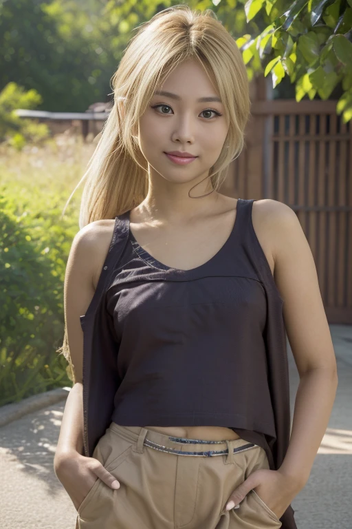 masterpiece、8K、32K、top-quality、(A detailed eye)、 (Japanese famous actress:1.2), (gyaru:1.25),(ponytail), (brown race, dark skin, blond hair:1.55), elegent、(Detailed background depiction)、Tank Top, BREAK (cargo shorts:1.3)、Japan alley、is standing、Sunlight、during daytime、(smile)、(cowboy shot),(braless:1.3),(slender body:1.2),cleavage,