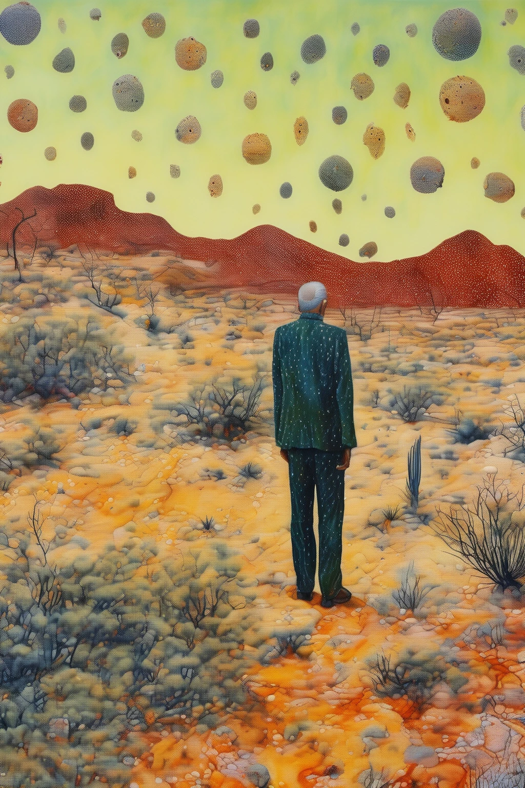 Peter Doig style，The vast desert， old man，Pointillism method，Trypophobia