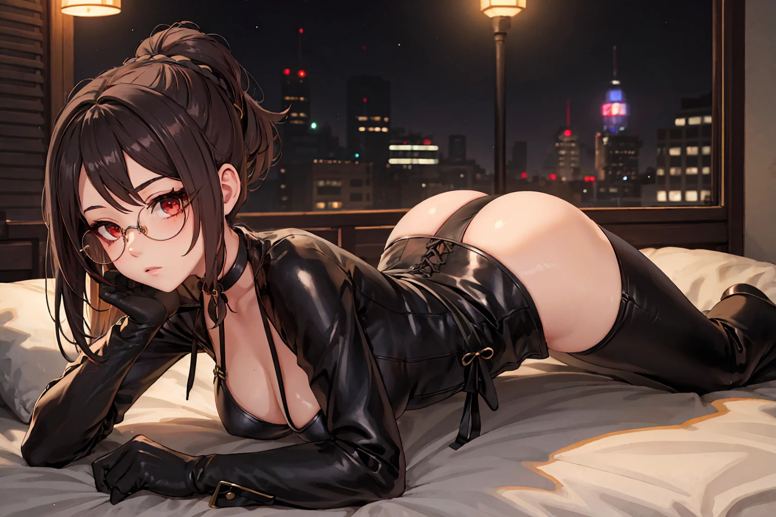 1 girl, Chiori \(genshin impact\), Alone, view from behind, perfect ass, choker:1.6, White long sleeve shirt with long sleeve collar, black leather corset, black gloves that cover your hands, shiny black leggings, glasses, looking at the viewer,, inside, depth of field, expressionless, alley, at night