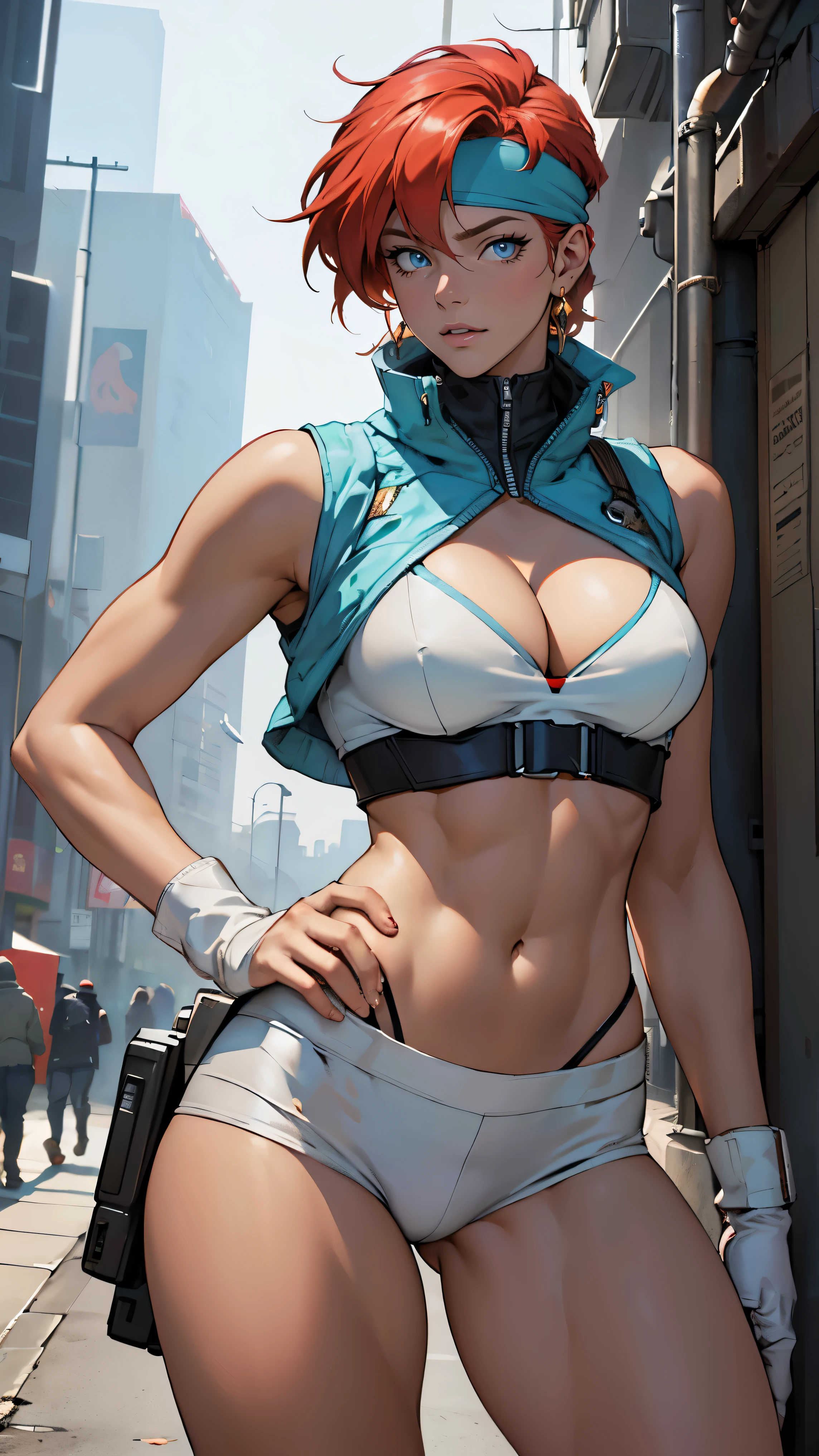 ((Masterpiece, highest quality; 1.3)), super quality, beautiful detail, super detailed, extra fine, 16K, exquisite, absurd, high resolution, beautiful background, detailed background, beautiful eyes, beautiful skin, anime style, Kay from Dirty Pair in a white outfit, tight outfit, cleavage, bushy redhead beauty, very light blue uniform, wearing tight clothes, skimpy, (mid chest: 1.2), cleavage, cleavage, slim waist , thin waist, slim thighs, thin legs, slim legs. thigh gap, showing stomach, skinny, thin hips, cyberpunk city background, holding retro space gun , headband, 