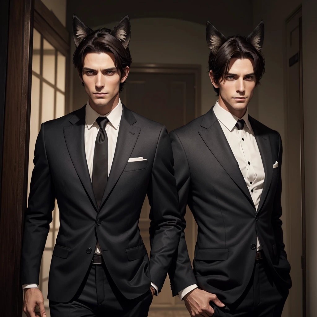 A tall brunette man in a classic suit with black fox ears with a short haircut looks ahead in horror and clutches his hair