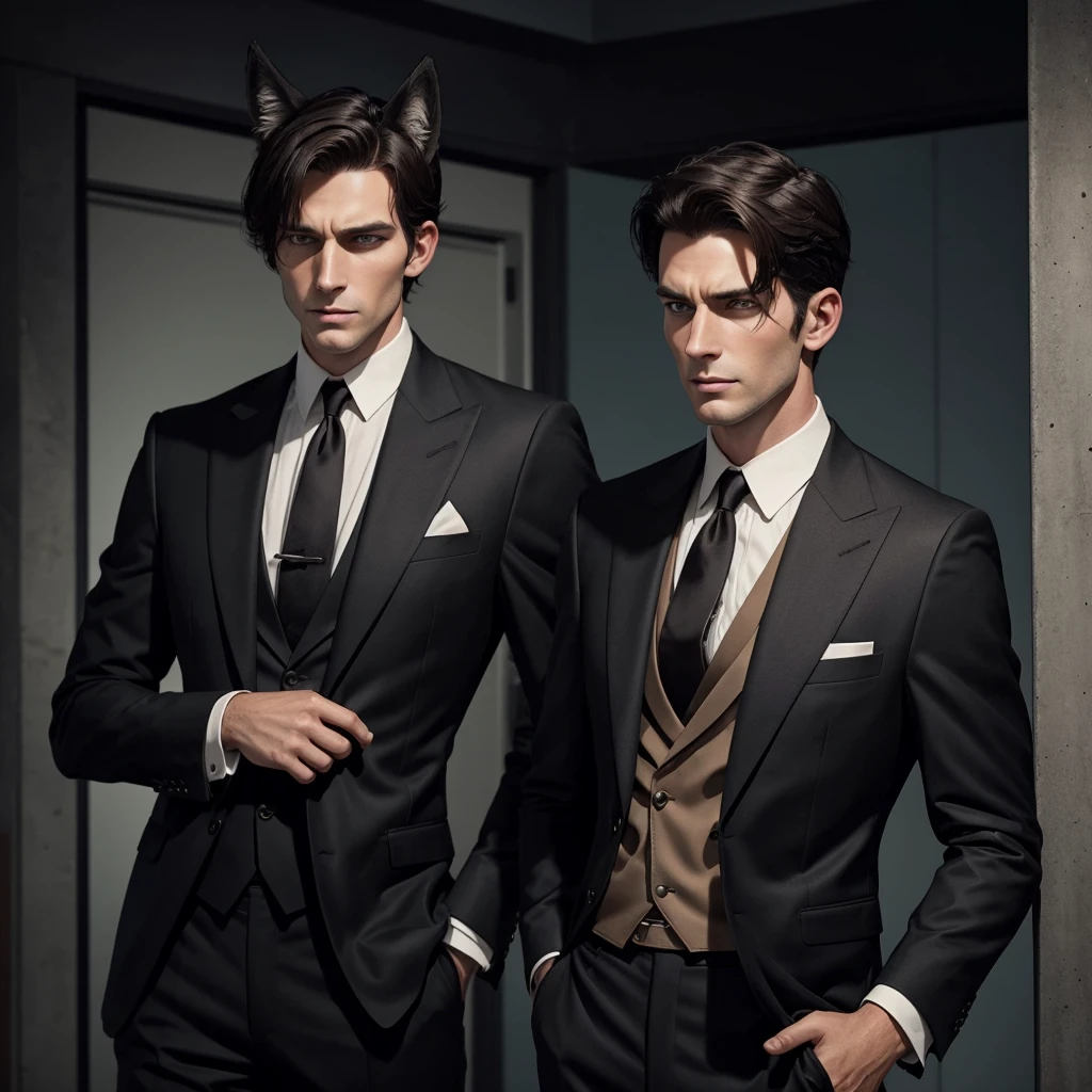 A tall brunette man in a classic suit with black fox ears with a short haircut looks ahead in horror and clutches his hair