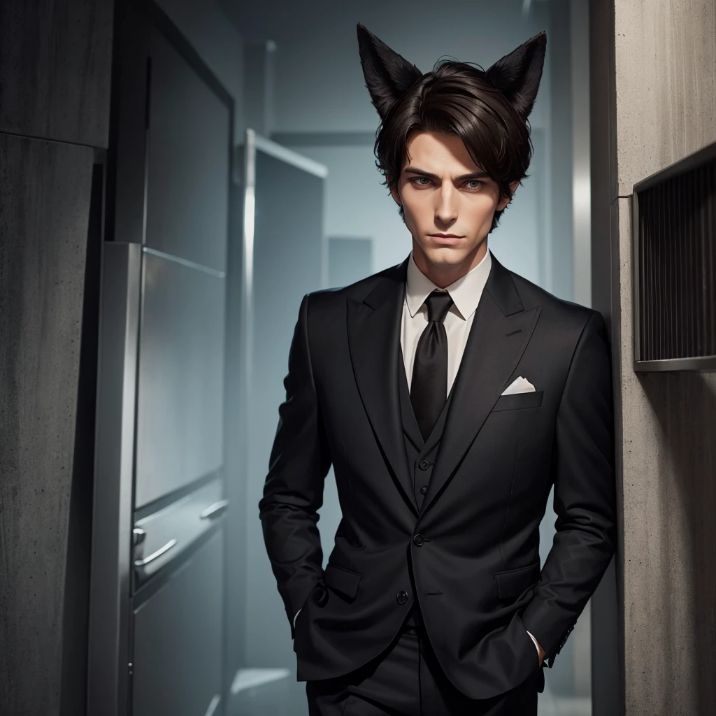 A tall brunette man in a classic suit with black fox ears with a short haircut looks ahead in horror and clutches his hair