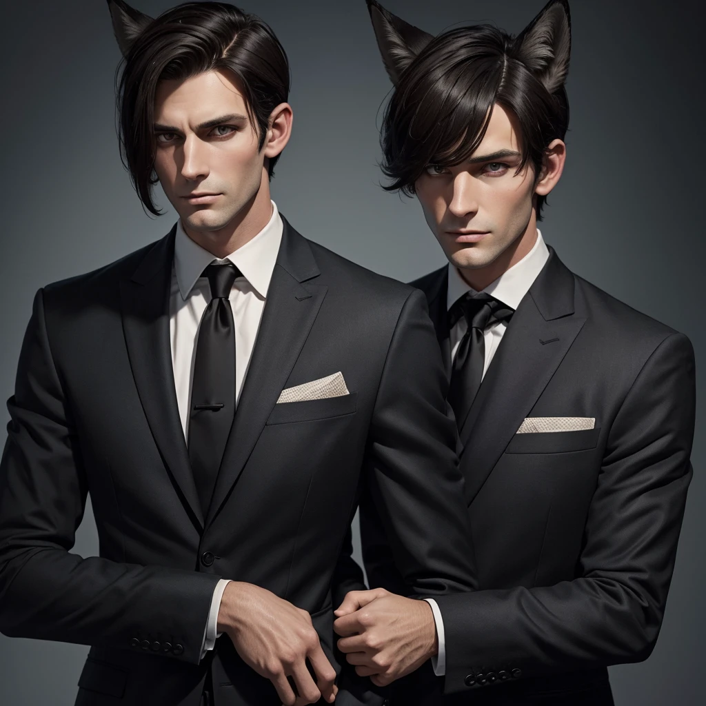 A tall brunette man in a classic suit with black fox ears with a short haircut looks ahead in horror and clutches his hair