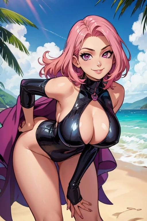 perfect face, perfect hands. A pink haired woman with violet eyes and an hourglass figure in a leather one piece is smiling on a beach while leaning forward