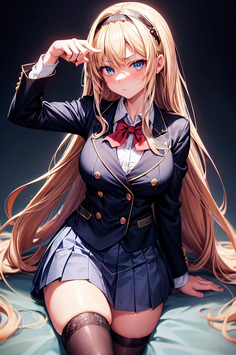 ((girl)), ((anime)), ((tsundere)), 1girl, long hair, blond hair, loose hair, hime cut, black hairband, sidelocks, stern expression, blushing, dark blue eyes, fair skin, big breasts, honor student, dark blue blazer, double breasted blazer, white shirt, red school lace, black skirt, black stockings, thigh high stockings