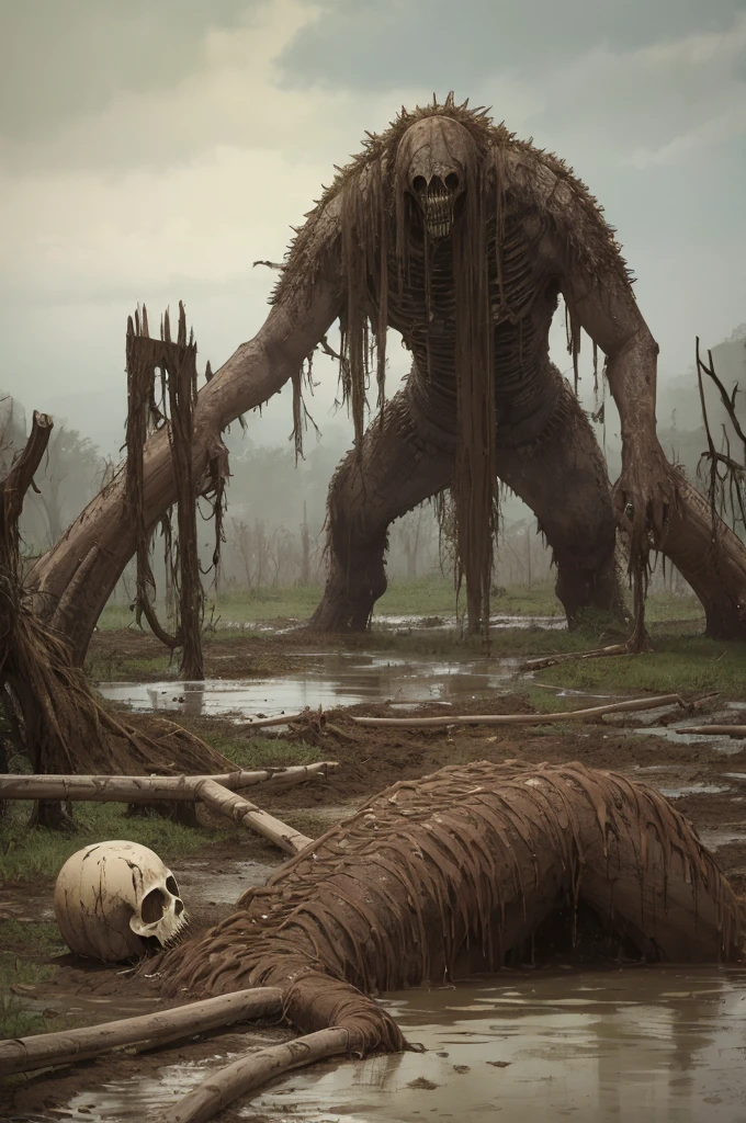 The remains of a very large creature are found in the mud., Corpse in the mud, Spooky dead swamp setting, I dug Stanatt's creepy art, Corpses scattered in the mud, Zombie reaching out from the grave, Horror film still, film still from a Horror movie, Movie stills DND, Horror movie still, Scary scenes, still from Horror movie, Horror, Rotten
