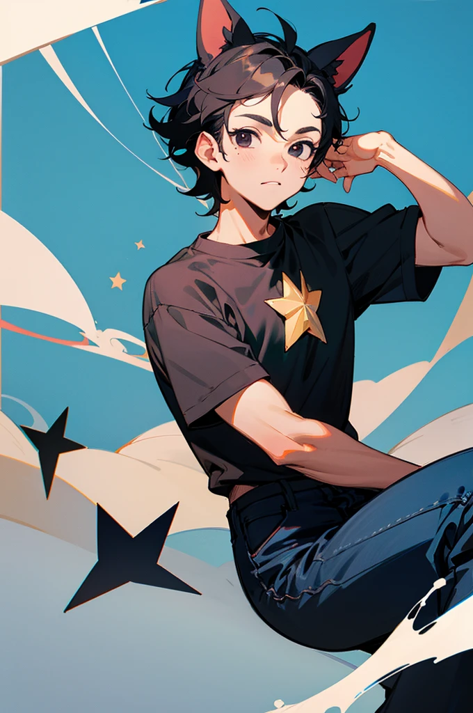 Chico, with black eyes on the right one he has a star, His hair color is brown and he has dog ears. His shirt is blue and black.