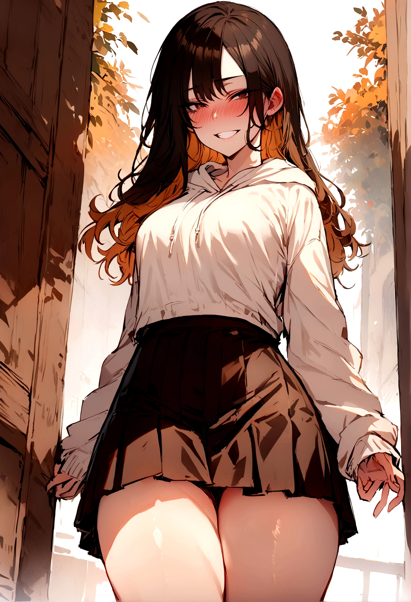 masterpiece, best quality 1girl, solo, beautiful woman, black hair dyed blond, long hair, dark brown eyes, deep blush, grin, medium breasts, white hoodie, short black skirt, plated skirt, looking at viewer