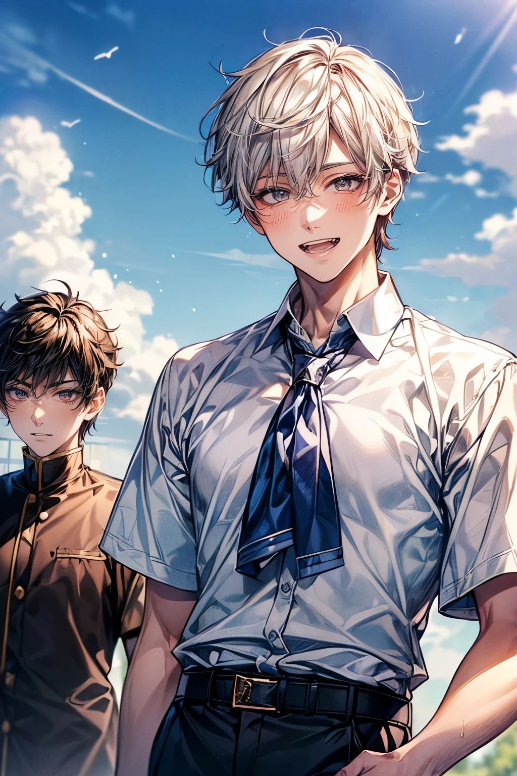(Mastepiece), (Best Quality), Very detailed, (Two friendly boys:1.5),High school boys、Shooting from below、Solo Shooting,Perfect Face, Beautiful Face, Very detailed顔,(黒髪のHigh school boys1人:1.3),(白髪のHigh school boys1人:1.3)、(short hair:1.3)、(Happy Face:1.4),(Laughing with your mouth open:1.3),(Short-sleeved white shirt:1.4)、(Windになびく髪:1.4),(youth:1.3)、The atmosphere that seems to disappear,(blue sky_cumulonimbus)、summer、ephemeral、Sweat、Wind、sunlight