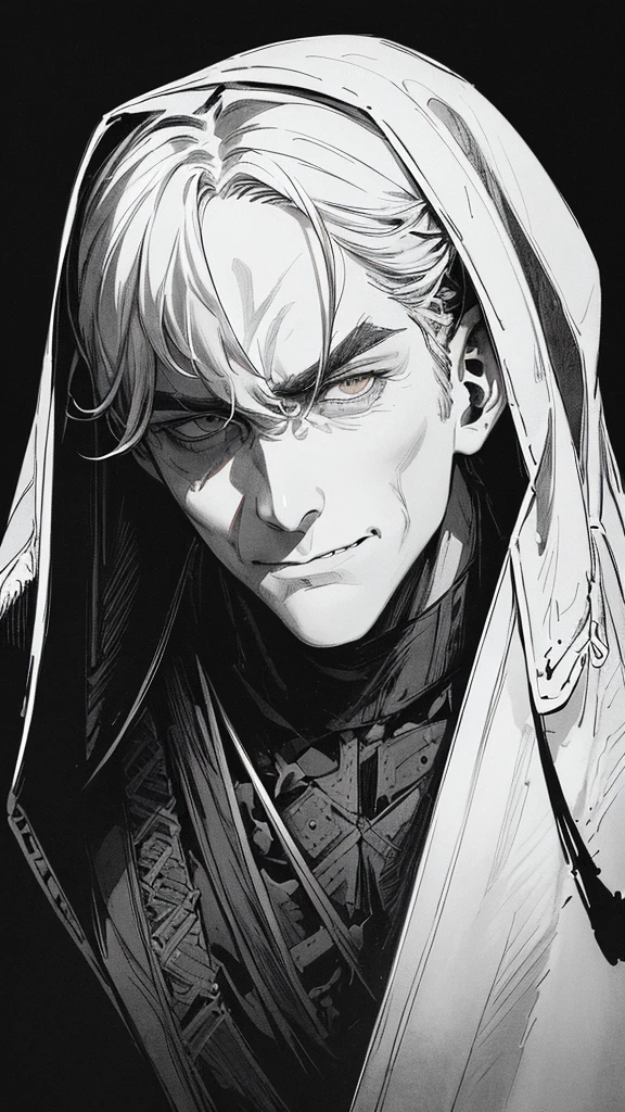 Best quality, (background_detail), high_contrast, detail_original_illustration, warrior, muscular, villain's face, armored, full_body, medieval, deep_wrinkle_brows, young man, man_in_20s, dark_stitch_landscape, (dramatic_lighting:1. 25), (shaded_background:1.2), (short_black_hair:) 1.1 ), Large figure, Delicate face, Evil smile, Sharp eyes, Black background, (Black background:1.5) Beautiful line drawing, Black and white