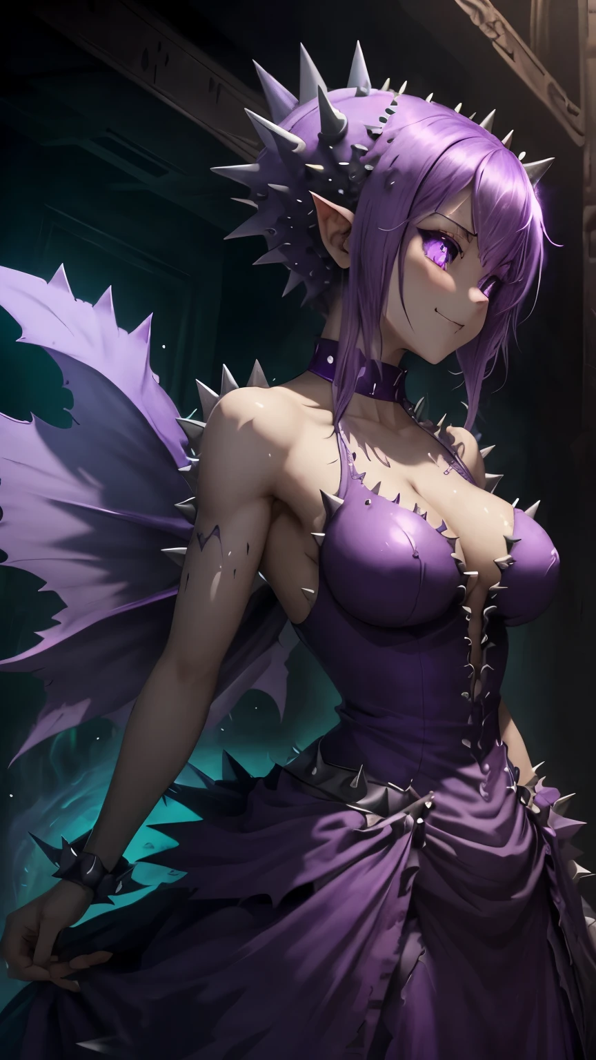 Ghost, (monster Girl), Purple skin, spike, Spiky purple hair, Caught Laughter, Floating Hand, Wearing a deep purple dress, Floating in the air, masterpiece, Highest quality Dirty Body Upper Body Sweaty Big Breasts Expose Fluid from nipples Reverse Rape Slimy saliva Urinating Watching the audience Attractive body Muscular lure sweating