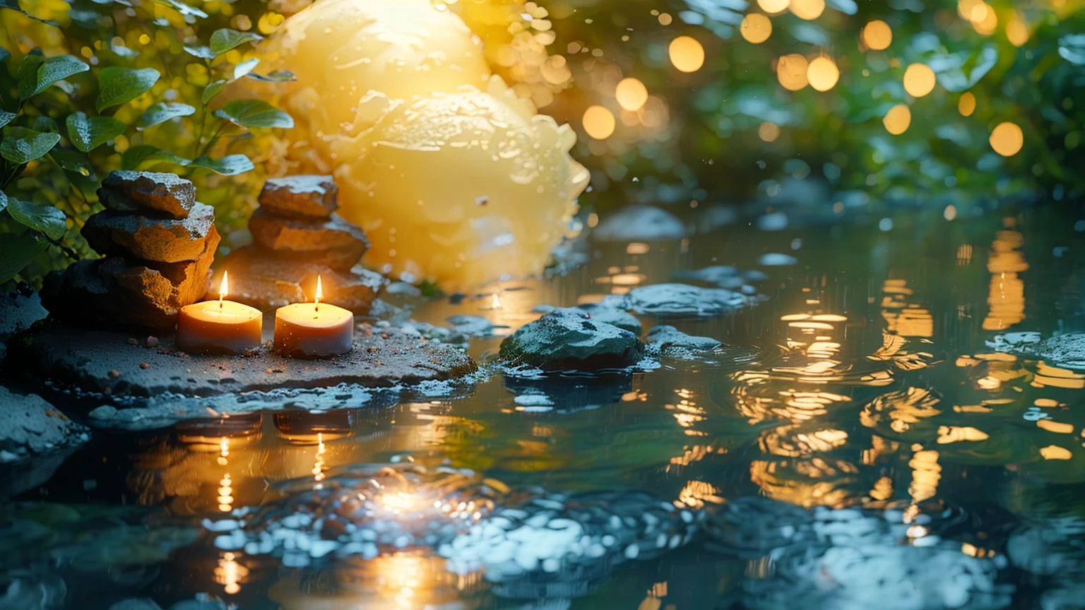 A candle is lit on a rock in a pond, Peaceful atmosphere, Zen Nature Background, Relaxed atmosphere, Quiet landscape, Relaxing environment, Quiet environment, Peaceful environment, Calm evening atmosphere, Peaceful and serene, Serene landscape, Peaceful atmosphere, Floating Candles, Quiet and peaceful atmosphere, relaxed mood, Tranquility, Magical Scene, Peaceful landscape, Peaceful mood, very Peaceful mood