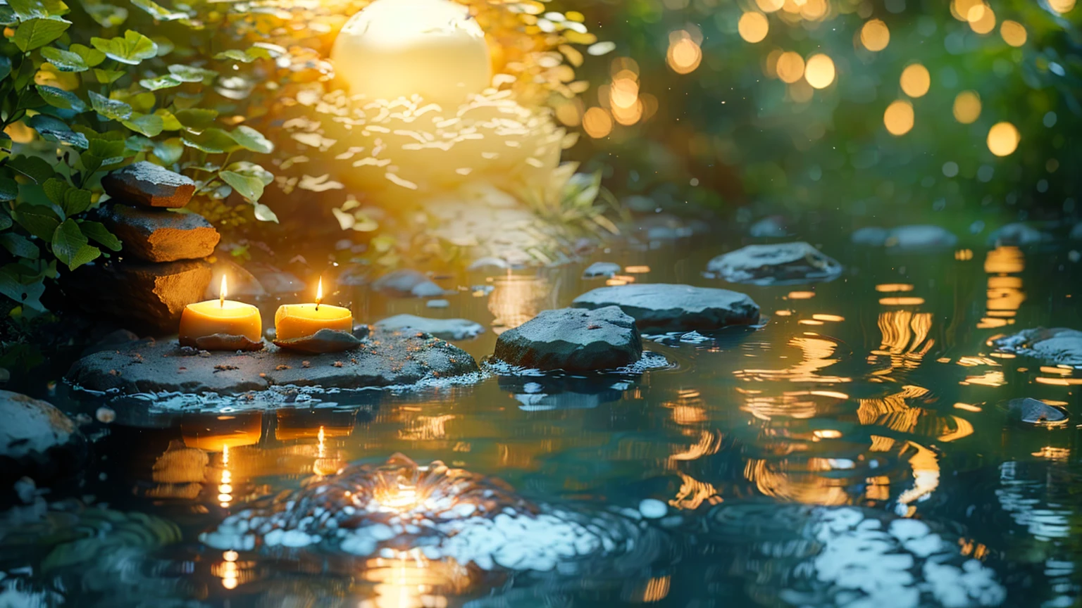 A candle is lit on a rock in a pond, Peaceful atmosphere, Zen Nature Background, Relaxed atmosphere, Quiet landscape, Relaxing environment, Quiet environment, Peaceful environment, Calm evening atmosphere, Peaceful and serene, Serene landscape, Peaceful atmosphere, Floating Candles, Quiet and peaceful atmosphere, relaxed mood, Tranquility, Magical Scene, Peaceful landscape, Peaceful mood, very Peaceful mood