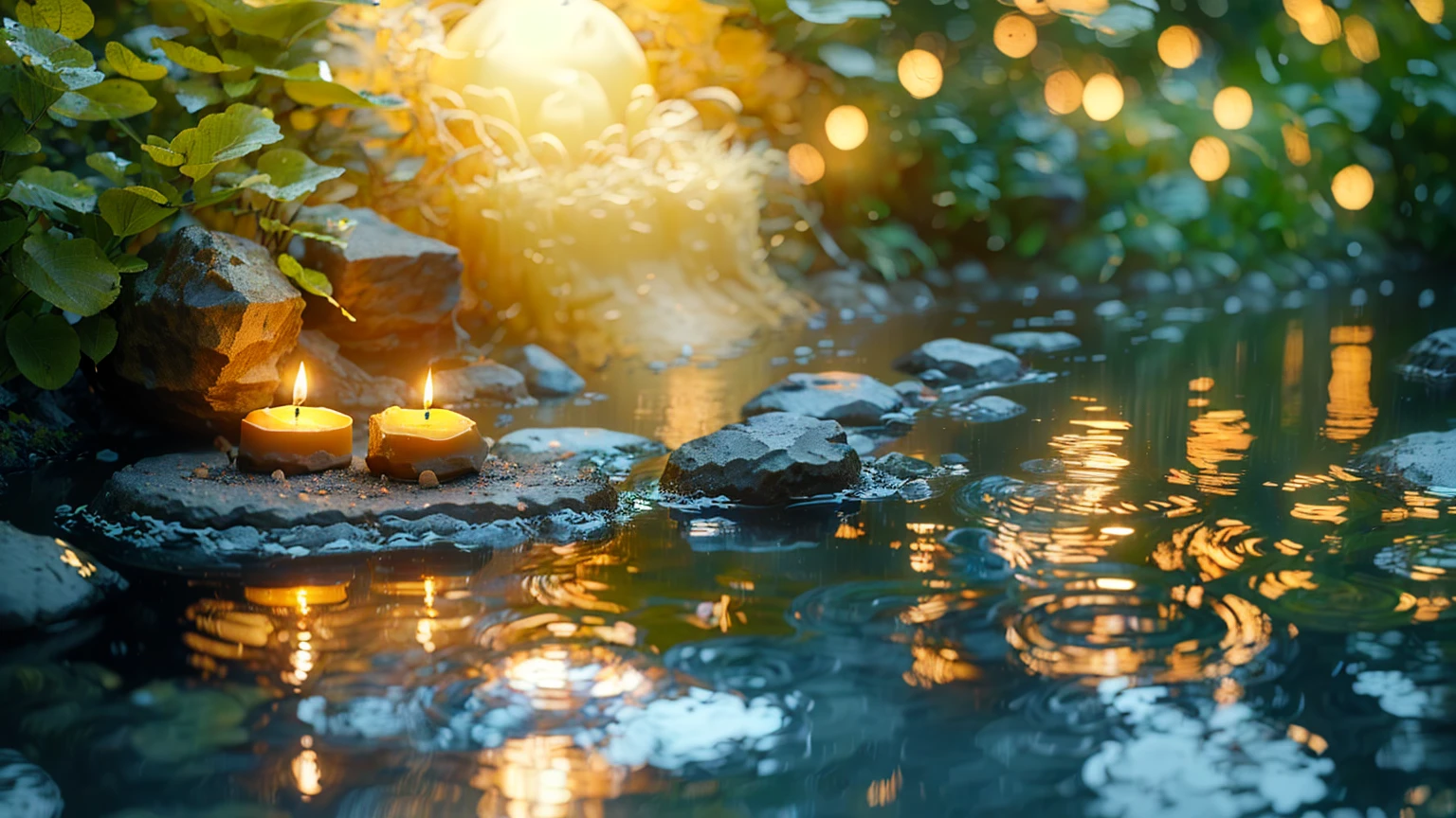 A candle is lit on a rock in a pond, Peaceful atmosphere, Zen Nature Background, Relaxed atmosphere, Quiet landscape, Relaxing environment, Quiet environment, Peaceful environment, Calm evening atmosphere, Peaceful and serene, Serene landscape, Peaceful atmosphere, Floating Candles, Quiet and peaceful atmosphere, relaxed mood, Tranquility, Magical Scene, Peaceful landscape, Peaceful mood, very Peaceful mood