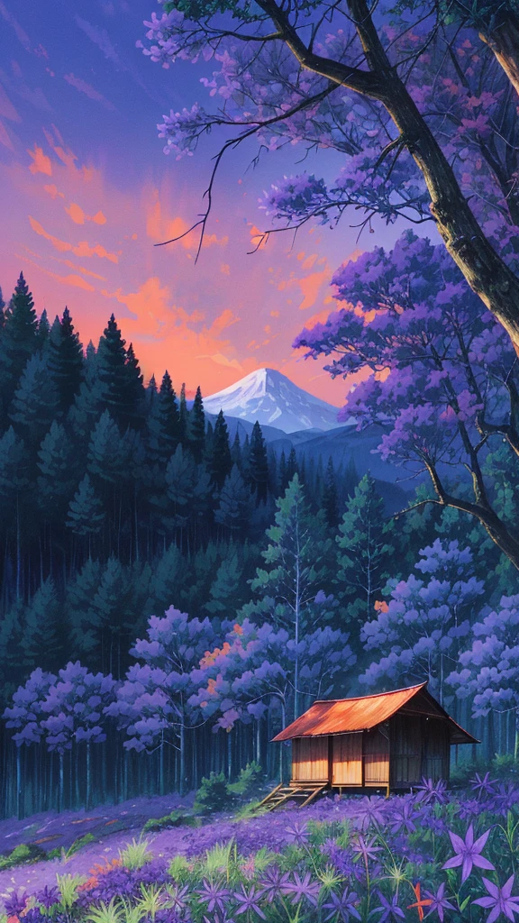 Forest scenery filled with purple wild flowers, trees and beautiful orangeblue sky and a hut