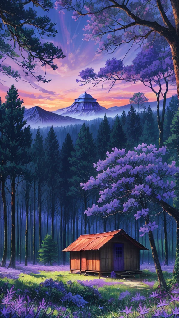 Forest scenery filled with purple wild flowers, trees and beautiful orangeblue sky and a hut