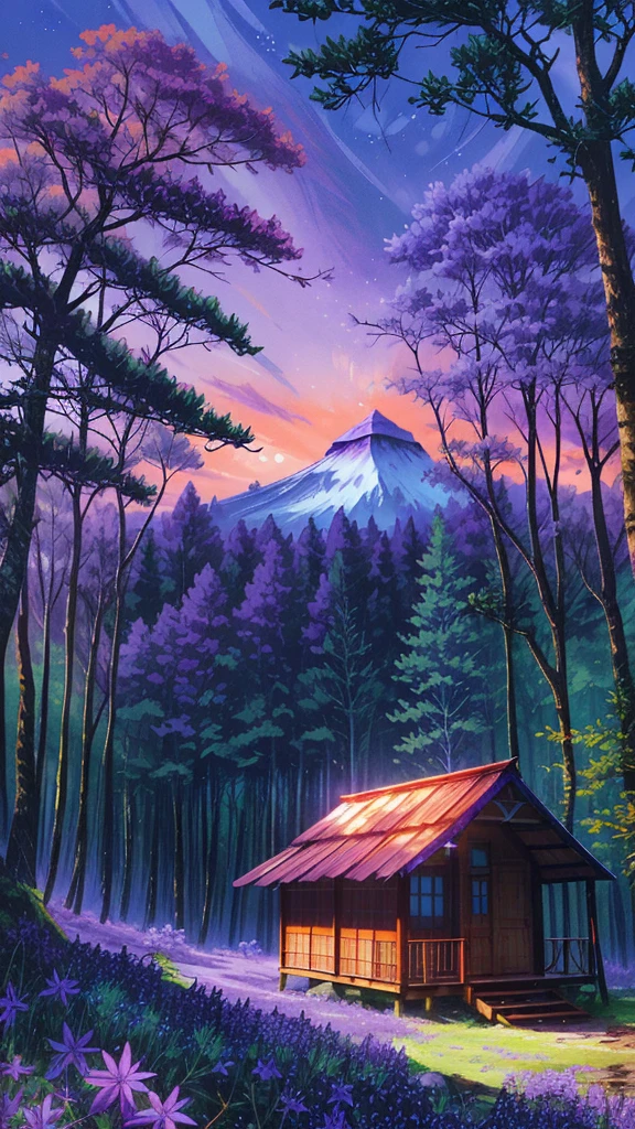 Forest scenery filled with purple wild flowers, trees and beautiful orangeblue sky and a hut
