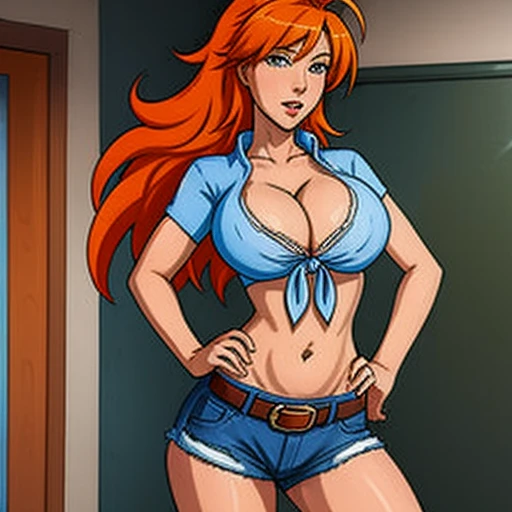(masterpiece, best quality:1.2), 1girl, solo, denim shorts, boots, midriff, breasts, cleavage, front-tie top, tied shirt, belt, underwear showing , orange hair, long hair, navel, ahoge, traditional media, shorts, beautiful long legs, standing