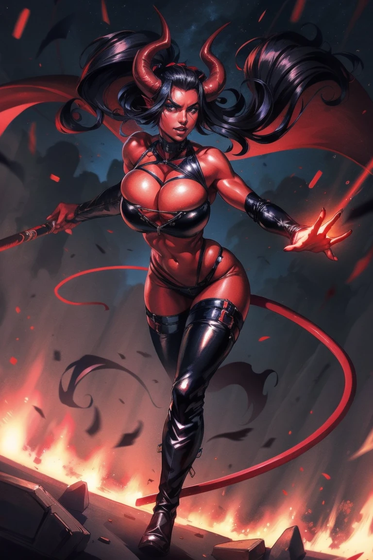 Red skin succubus tiefling, medium breasts, black horns, wings, huge tail, black leather, cleavage, crop top, thong, tall, toned, graceful, thin, long black ponytail. Action scene, whip. Dark scene, explosions, night sky.