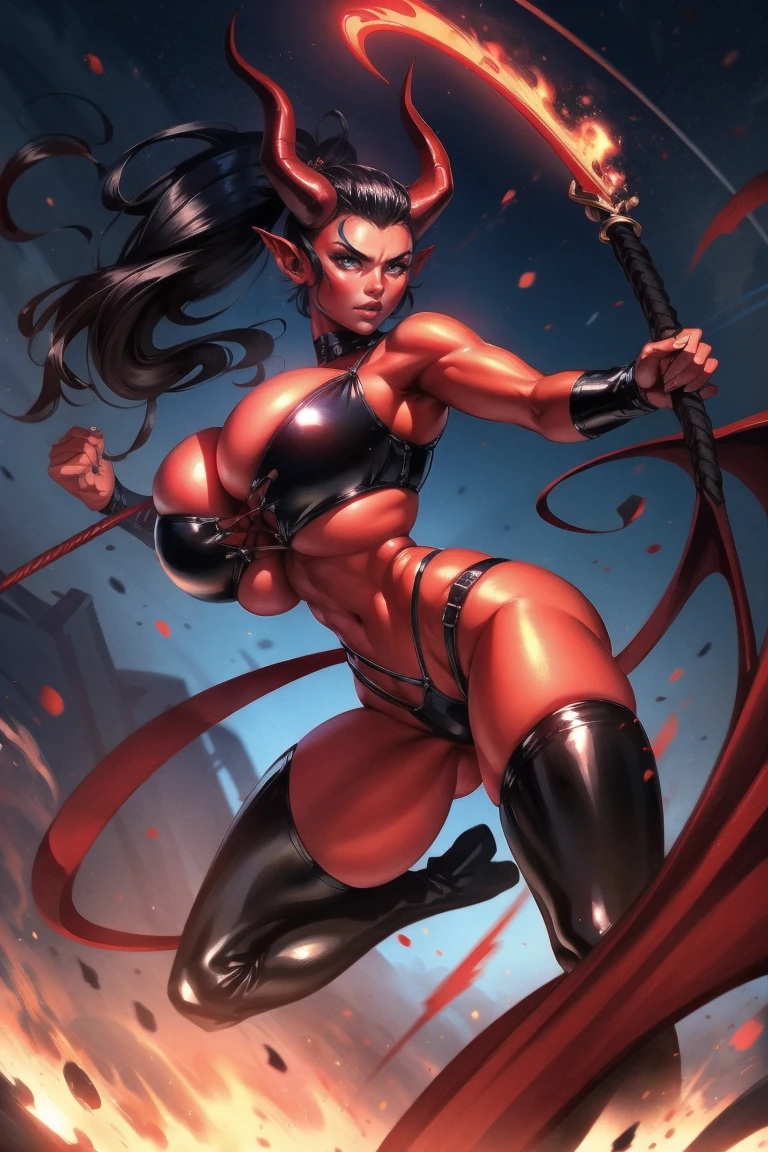 Red skin succubus tiefling, medium breasts, black horns, wings, huge tail, black leather, cleavage, crop top, thong, tall, toned, graceful, thin, long black ponytail. Action scene, whip. Dark scene, explosions, night sky.