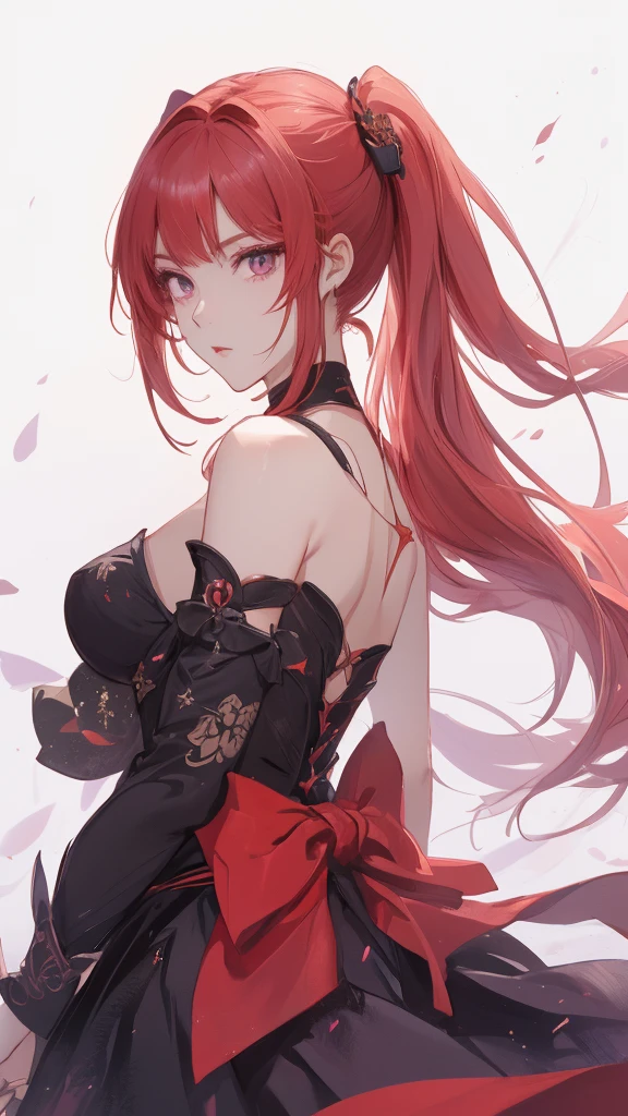 a close-up of a person with red hair and a sword, impacto de ayaka genshin, jogo ayaka impacto Genshin, keqing do impacto genshin, zhongli do impacto genshin, also, anime moe art style, genshin, cute anime waifu in a beautiful dress, female protagonist 👀 :8, demon slayer rui fanart, purple eye iris, ( black leagwear), disdainful expression, looking from bottom to top, view from the bottom, small red piercing below the eyes