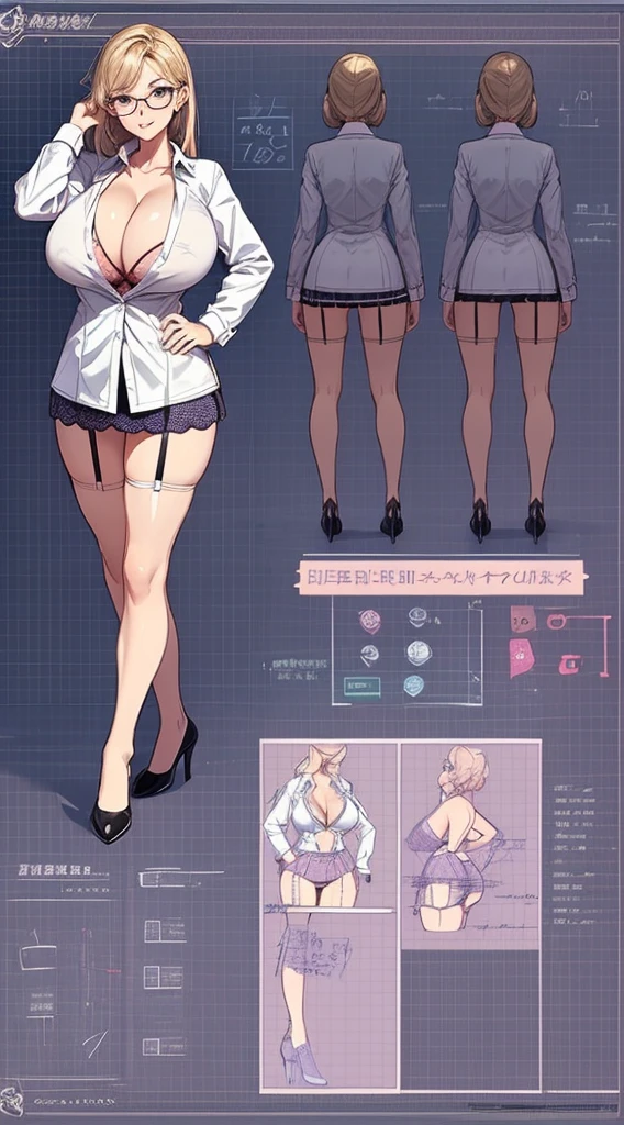 girl, alone, whole body, From head to toe, Are standing, (Huge Saggy Tits:1.3),
Character design sheet, Character Reference Sheet, 設計図のSchematic, Drafting, Blueprint, Schematic,
((Character design sheet:1.7, Character Reference Sheet:1.7,)),
anime/cartoon character wearing a girls , 1girl, alone, ,Mature Woman,Cleavage,Long sleeve,Collared shirt,White shirt,,(Tight Skirt),((garter belt)),(High heels),Skirt Suit,mini skirt,office lady,Long Hair, bow, , (Very short skirt:1.4), (lingerie:1.5),secretary,Thin glasses, (In underwear:1.7),nsfw,Full nudity、