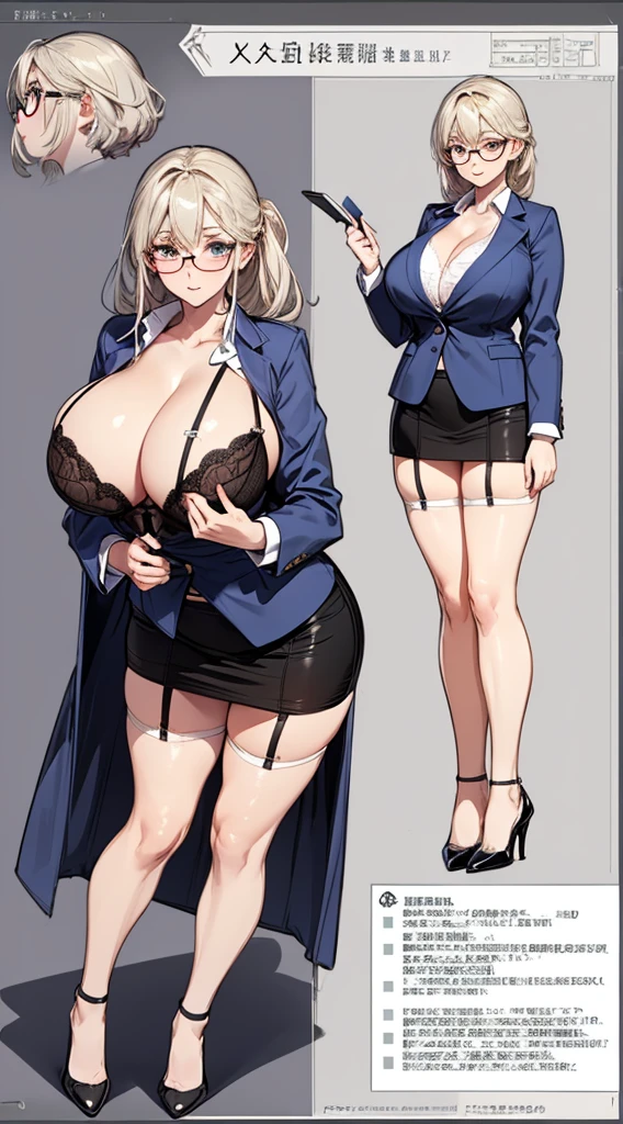 girl, alone, whole body, From head to toe, Are standing, (Huge Saggy Tits:1.3),
Character design sheet, Character Reference Sheet, 設計図のSchematic, Drafting, Blueprint, Schematic,
((Character design sheet:1.7, Character Reference Sheet:1.7,)),
anime/cartoon character wearing a girls , 1girl, alone, ,Mature Woman,Cleavage,Long sleeve,Collared shirt,White shirt,,(Tight Skirt),((garter belt)),(High heels),Skirt Suit,mini skirt,office lady,Long Hair, bow, , (Very short skirt:1.4), (lingerie:1.5),secretary,Thin glasses, (In underwear:1.7),nsfw,Full nudity、