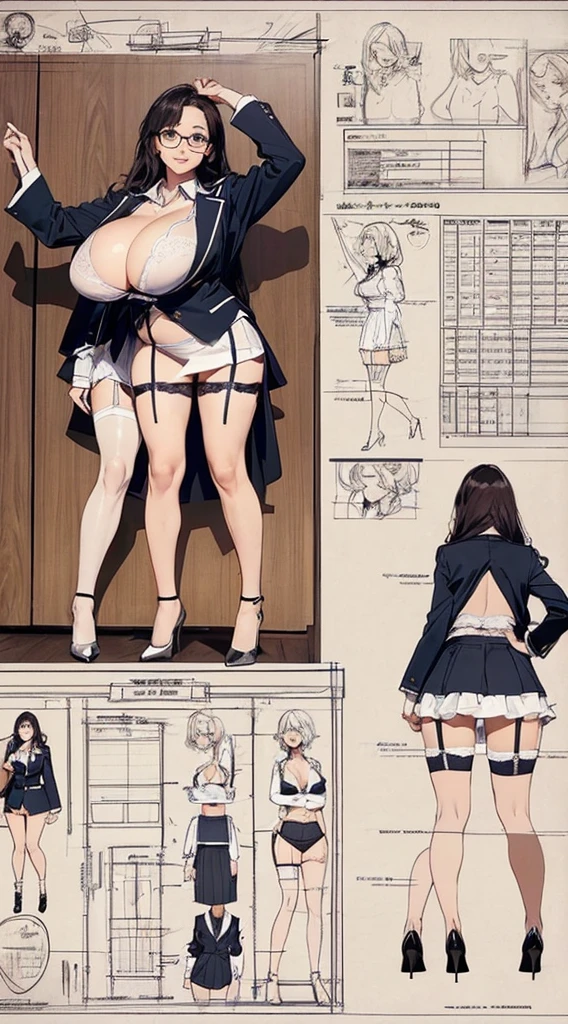 girl, alone, whole body, From head to toe, Are standing, (Huge Saggy Tits:1.3),
Character design sheet, Character Reference Sheet, 設計図のSchematic, Drafting, Blueprint, Schematic,
((Character design sheet:1.7, Character Reference Sheet:1.7,)),
anime/cartoon character wearing a girls , 1girl, alone, ,Mature Woman,Cleavage,Long sleeve,Collared shirt,White shirt,,(Tight Skirt),((garter belt)),(High heels),Skirt Suit,mini skirt,office lady,Long Hair, bow, , (Very short skirt:1.4), (lingerie:1.5),secretary,Thin glasses, (In underwear:1.7),nsfw,Full nudity、