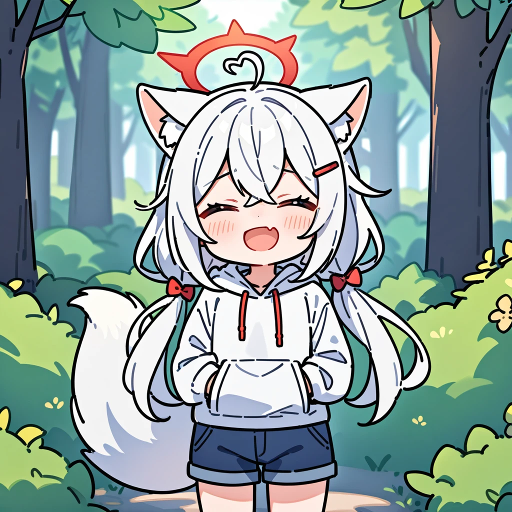 （masterpiece：1.2，high quality），8K，High resolution，A -year-girl，e girl，white hair，long hair，crossed bangs，low twintails，closed eyes，heart ahoge，hairclip，hair bell，cat ears，laughing，skin fang，red halo，Wearing a white hoodie，Dark blue shorts，Stand in the forest，There are flowering trees on both sides.，primary scho，fox tail，（Put your hands in your pockets），（（Put your hands in your pockets））