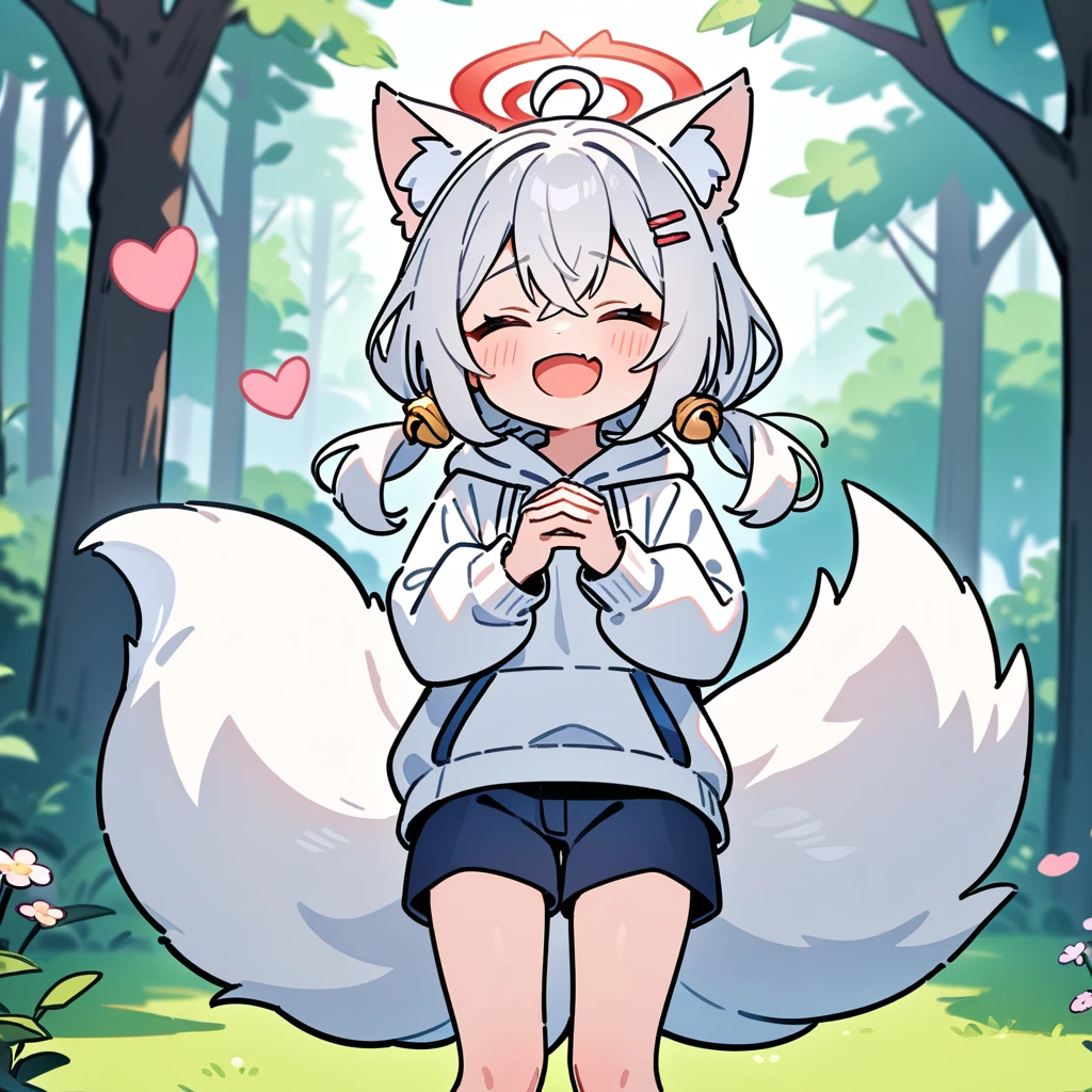 （masterpiece：1.2，high quality），8K，High resolution，A seven-year-old girl，cute girl，white hair，long hair，crossed bangs，low twintails，closed eyes，heart ahoge，hairclip，hair bell，cat ears，laughing，skin fang，red halo，Wearing a white hoodie，Dark blue shorts，Stand in the forest，There are flowering trees on both sides.，primary school student，thigh，alone，fox tail，（Put your hands in your pockets），（（Put your hands in your pockets））