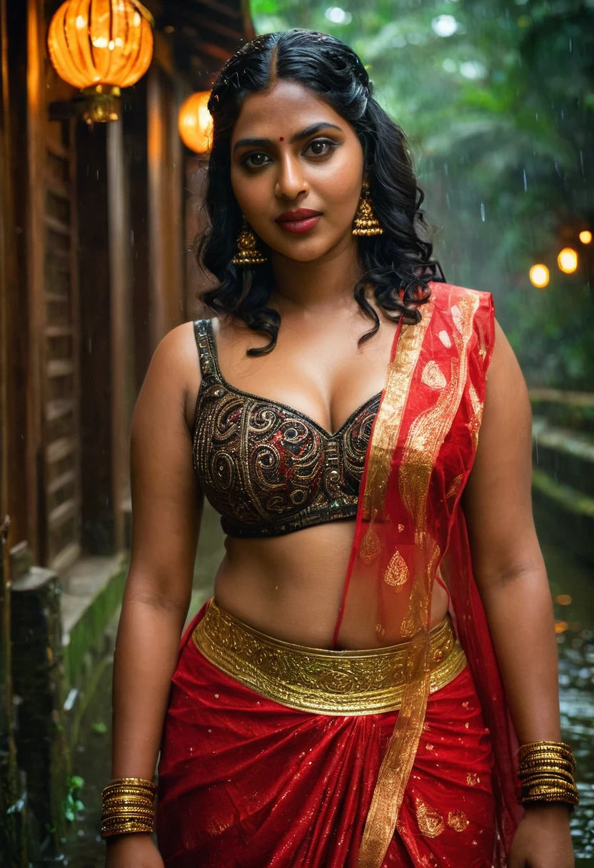 (((photo of a ancient kerala crowned temple goddess ))), (((black kali))) , (((Half Body))),   (((very dark skin))), (((age 18+))), (((plus size chubby tall))), (((huge busty milky wet big massive boobs))), (((nude thick thigh))), (((ancient black mini skirt))), ((black skin dark body)), (((red ornaments))), (((depth of field))), ((( flame bokeh))), (((rain))), ((( flashing light leaks))), (((divine))), photorealistic,photo, realism, Getty Images, RAW candid cinema, 16mm, colour graded portra 400 film, remarkable colour, ultra realistic, textured skin, remarkable detailed pupils, realistic dull skin noise, visible skin detail, skin fuzz, dry skin, shot with cinematic,light leaks, RAW Image, DOF, depth of field,bokeh,mylocalgirl