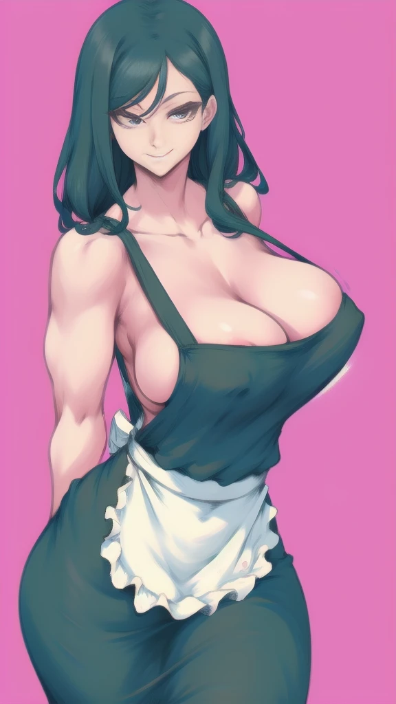 Full body image of the mother from Haha Musume Donburi Oppai Tokumori Bonyuu Shiru Dakude, full body in image, wearing her original outfit (casual dress, apron), long black hair, female body, curvy and voluptuous body, dynamic pose, detailed pose, simple background, expressive face showing a gentle smile, focus on face, line art, sketch