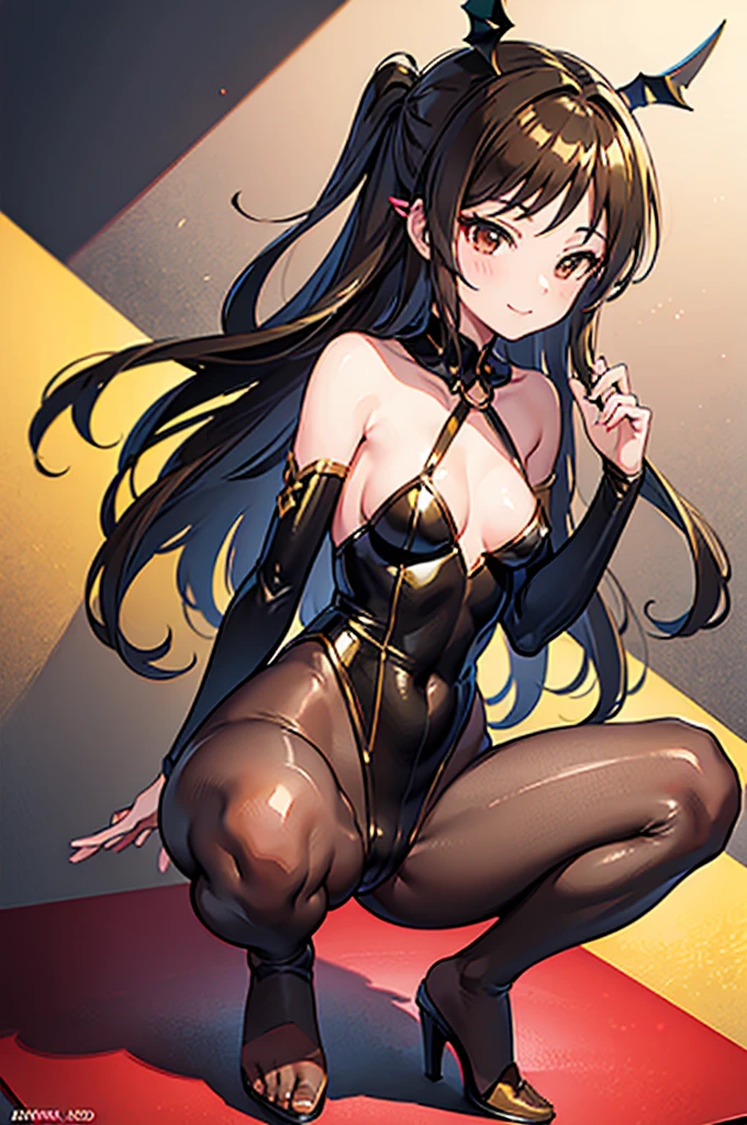 Highest quality Highest quality Draw a face carefully High-definition anime-style face Super Glowing Skin Brown leotard Golden pantyhose Succubus lure smile Rear view Back view Ass close up squat