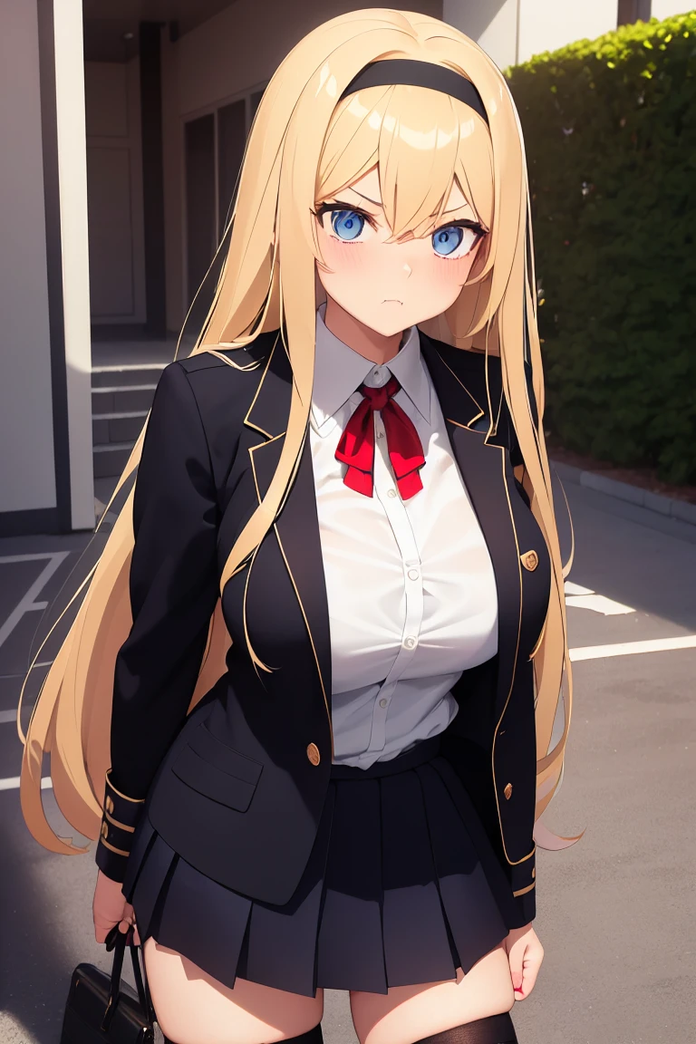 ((girl)), ((anime)), ((tsundere)), 1girl, long hair, blond hair, loose hair, hime cut, black hairband, sidelocks, stern expression, blushing, dark blue eyes, fair skin, big breasts, honor student, dark blue blazer, double breasted blazer, white shirt, red school lace, black skirt, black stockings, thigh high stockings