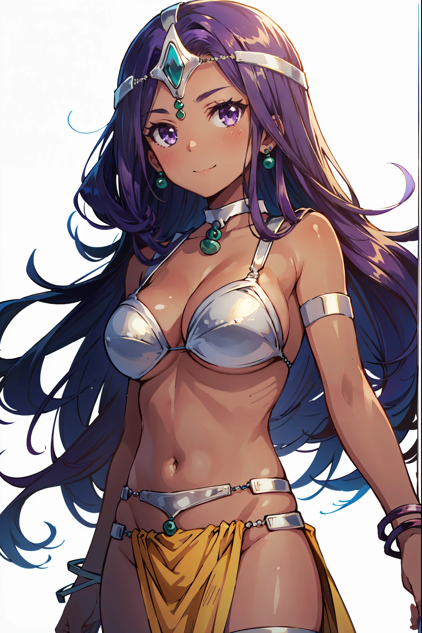 1girl, solo, dqManya, white background, cowboy shot, purple hair, bikini, loincloth, large breasts, cleavage, soft stomach, circlet, earrings, choker, bracelet, armlet, closed mouth, smile, blush