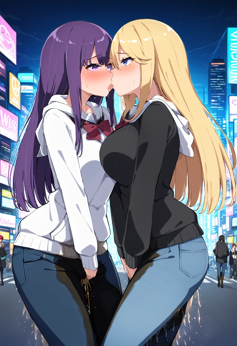 (masterpiece:1.37), best quality, (extremely detailed:1.37), 2girls, kiss, yuri, woman, (mature:1.5), (adult:1.5), large breasts, very long hair, (straight hair:1.5), dark purple hair, blonde hair, purple eyes, blue eyes, (extremely detailed eyes:1.37), hoodie, jeans, desperation, (wetting self:1.5), standing, embarrassed, humiliation, blushing, angry, city, futuristic, neon lighting, high-tech, street, skyscraper