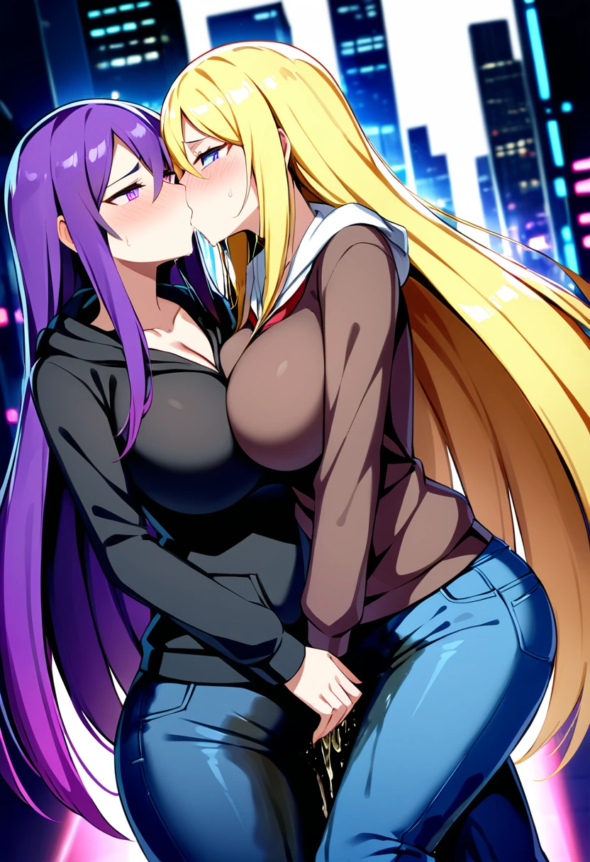 (masterpiece:1.37), best quality, (extremely detailed:1.37), 2girls, kiss, yuri, woman, (:1.5), (adult:1.5), large breast long hair, (straight hair:1.5), dark purple hair, blonde hair, purple eyes, blue eyes, (extremely detailed eyes:1.37), hoodie, jeans, desperation, (wetting self:1.5), standing, embarrassed, humiliation, blushing, angry, city, futuristic, neon lighting, high-tech, street, skyscraper